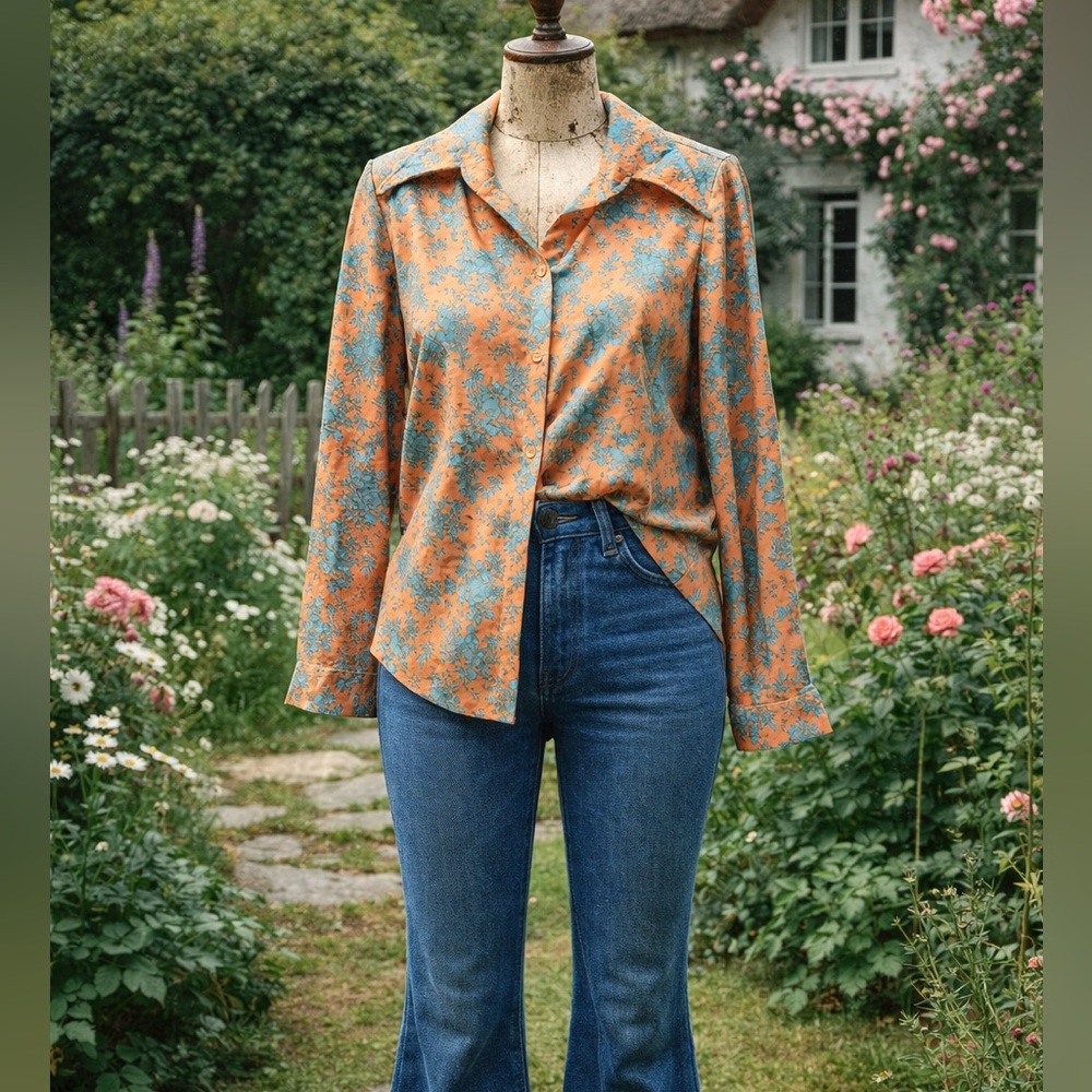 Vintage 1970s Ko Ko Knits Of California Floral Blouse, Peach Orange & Baby Blue